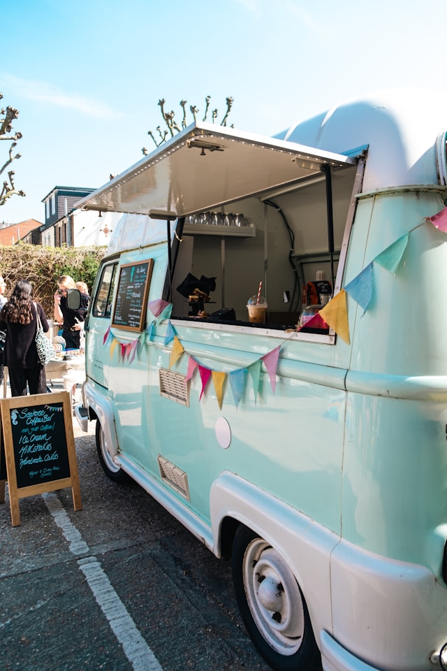 Food truck serving at an outdoor wedding reception