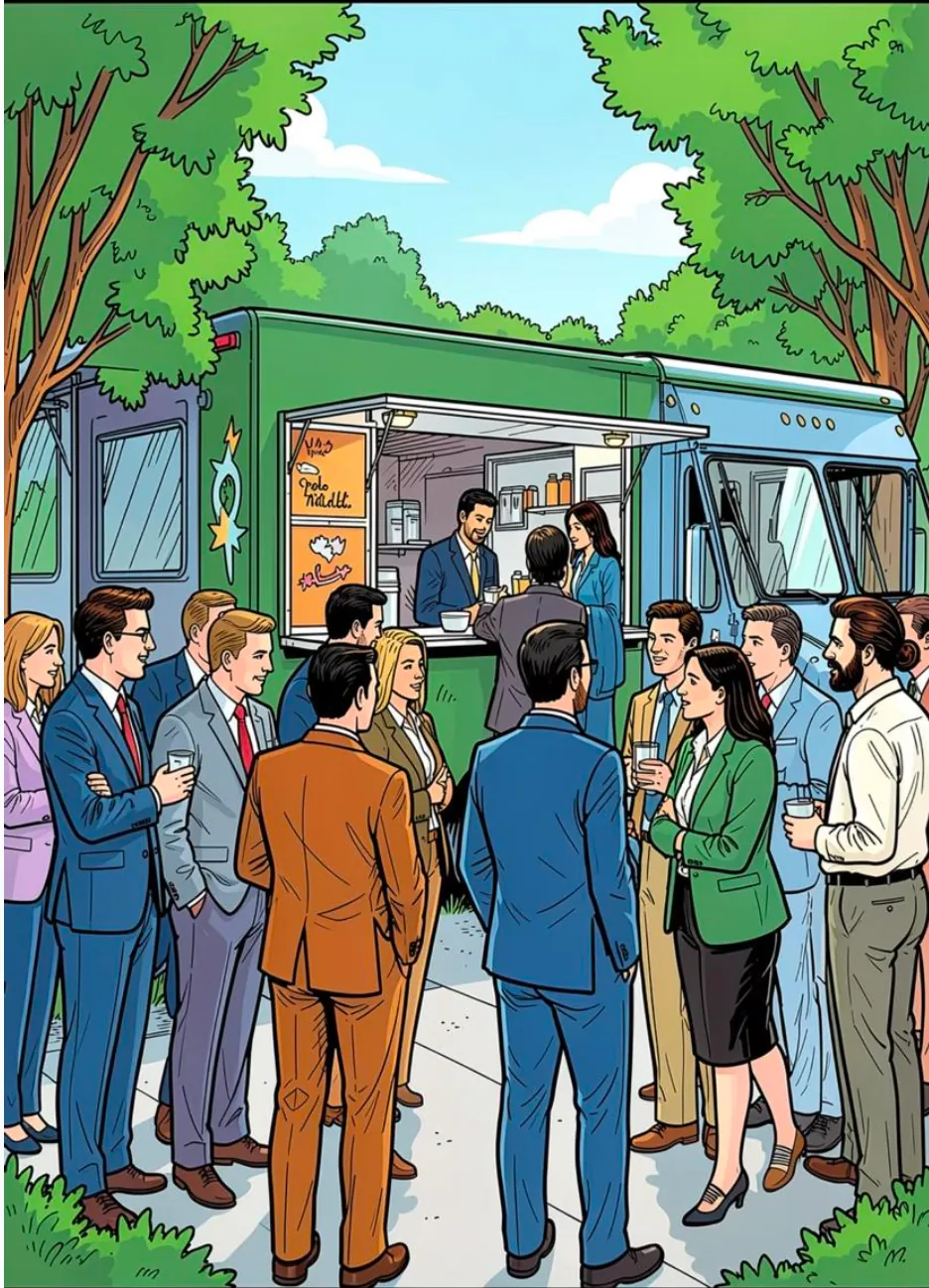 Corporate food truck catering event in Dallas with employees lined up to order