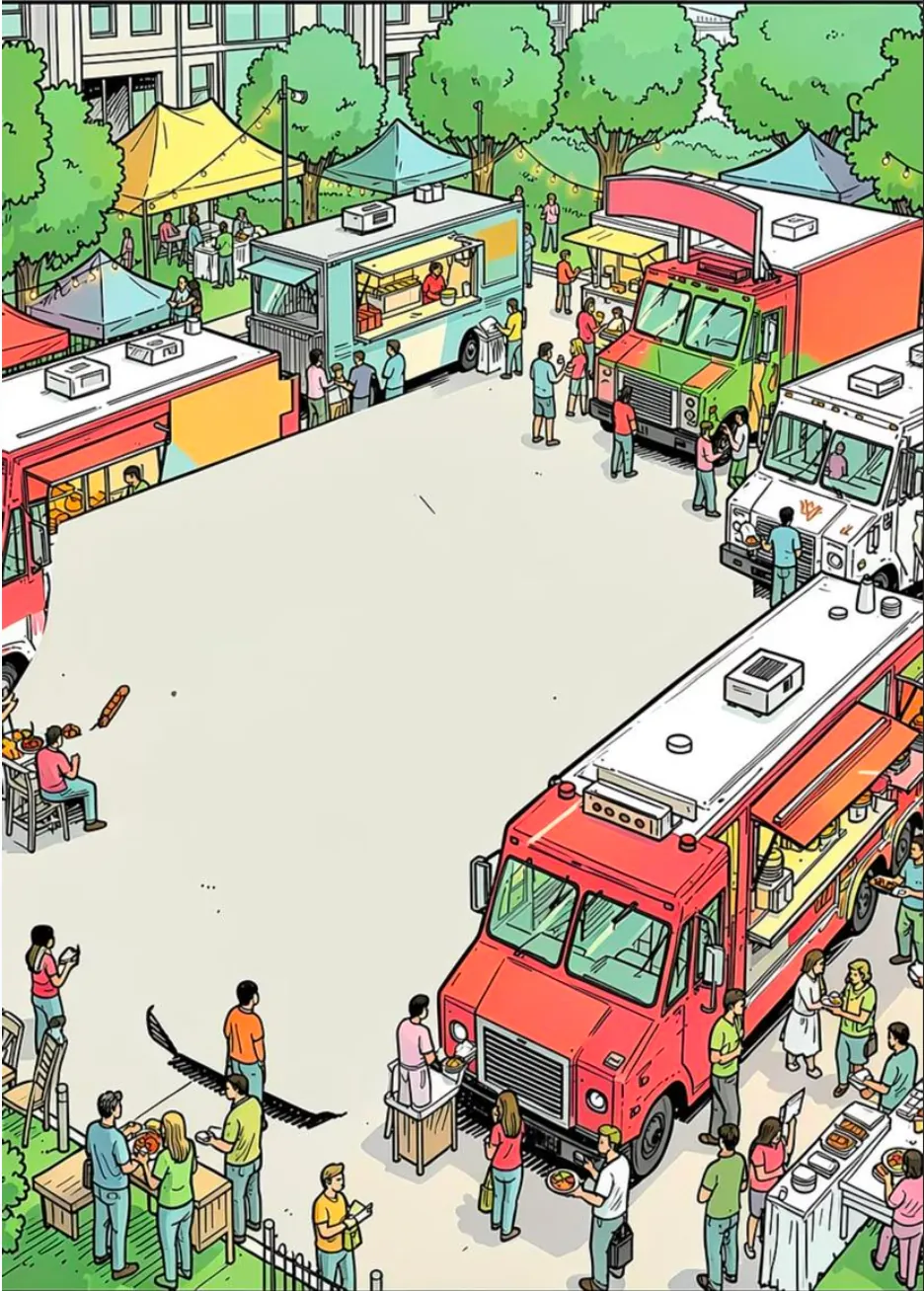 Illustrated food truck event scene with vendors and customers